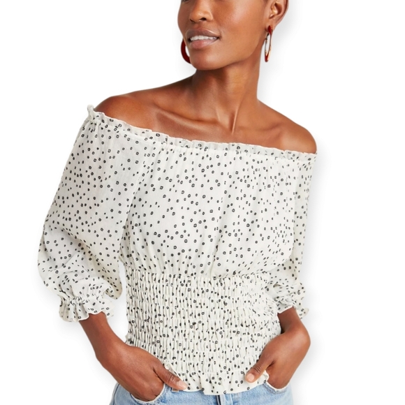 By Anthropologie Lucia Off the Shoulder Polka Dot Smocked Blouse Large - Picture 1 of 16